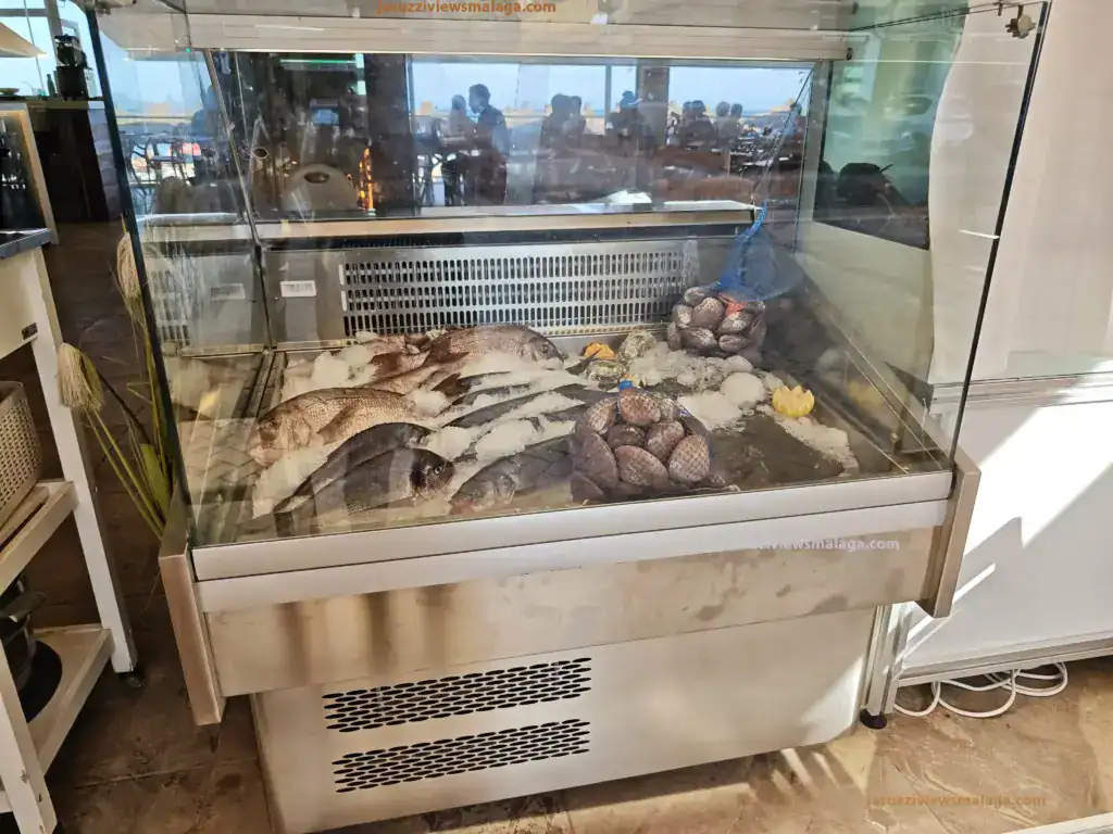 Fresh fish and seafood display on ice at a chiringuito restaurant in Los Boliches, Málaga beach